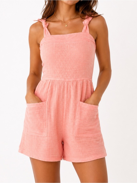 Zenana Outfitters Pants - Zenana Pink Double Gauze Knot Strap Romper NWT Size Large Pockets Summer